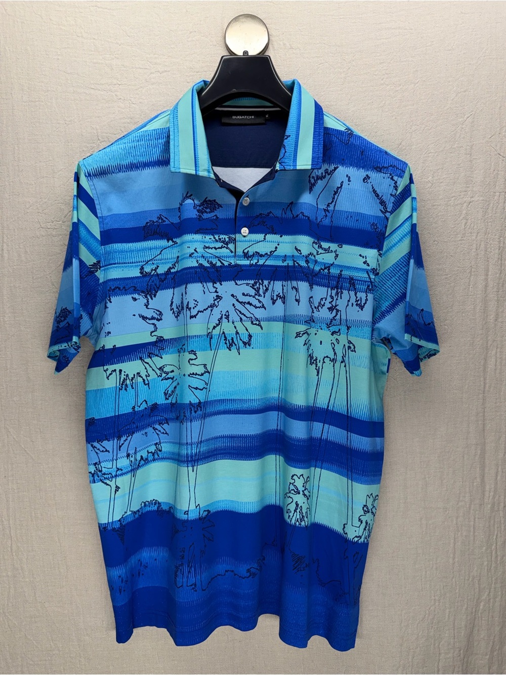 Bugatchi Blue Striped Palm-Print Polo